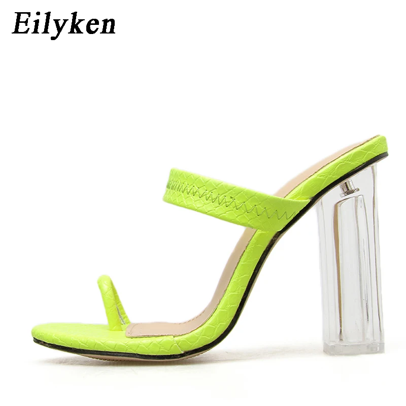 Green Eilyken; модные флуоресцентные зеленые прозрачные женские шлепанцы на квадратном каблуке с кристаллами; босоножки на высоком каблуке; туфли-лодочки без задника с открытым носком - Цвет: Green