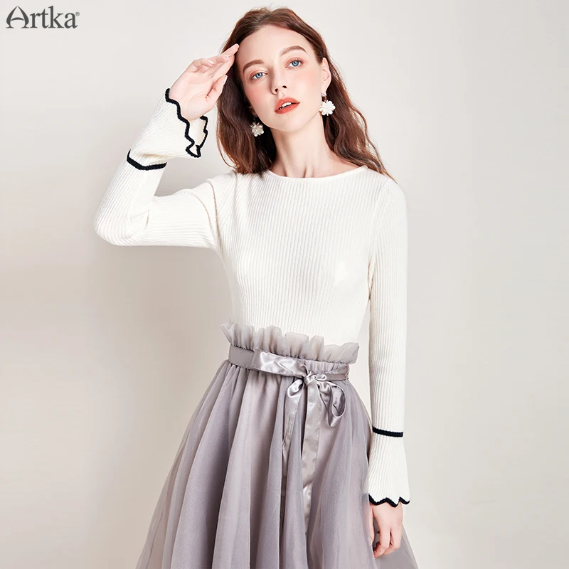 

Женский свитер из чистой шерсти ARTKA, шерстяной трикотажный свитер с расклешенным рукавом и круглым вырезом, YB11792D, Осень-зима 2019