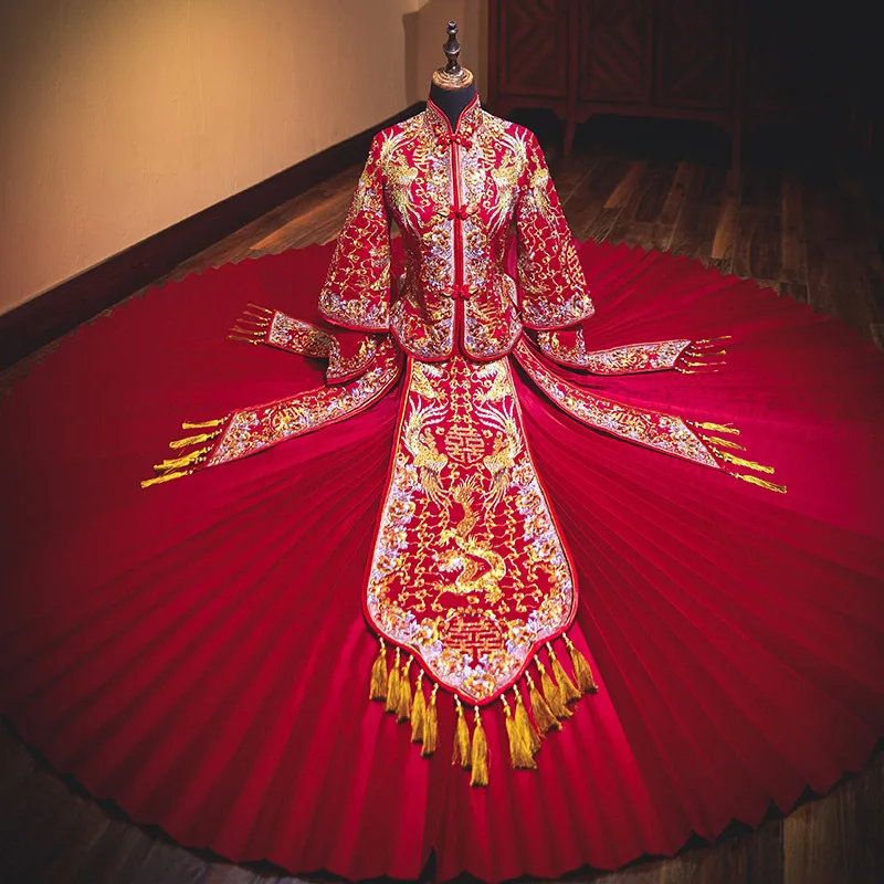 

Китайское традиционное свадебное платье с вышивкой Феникс Стразы одежда Чонсам вечерние платья в китайском стиле Ципао