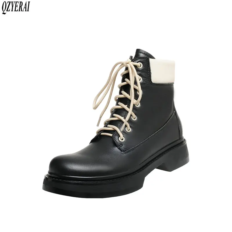

QZYERAI Martin boots Genuine leather black white Female boots lace-up Women's shoes Women's boots Autumn and winter
