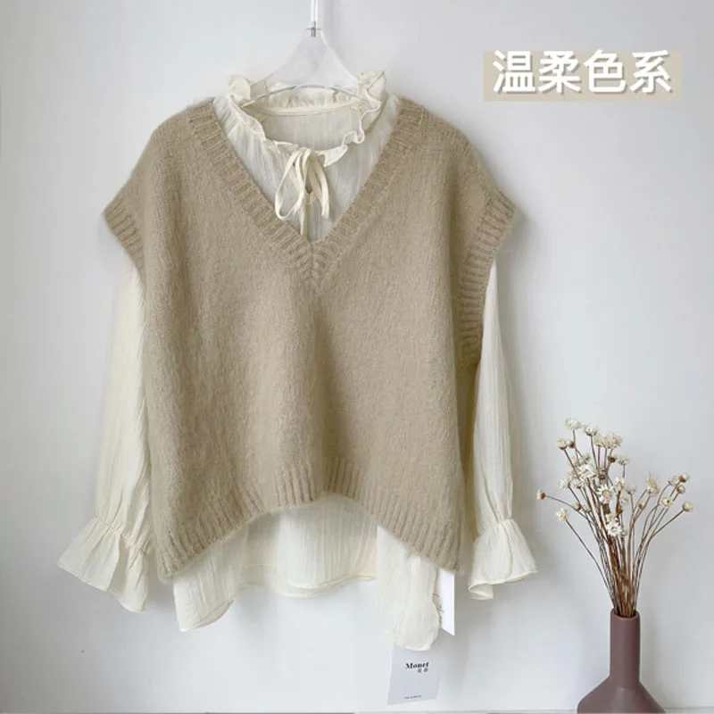 

2021 Autumn Knitted Vest For Women Knit Sweater Solid Color V-Neck Soft Wool Loose Sweet Elegant Casual All Match Female Tops