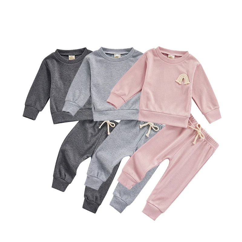 

Женский осенний комплект одежды для новорожденных мальчиков и девочек, свитшот с длинным рукавом и радужным принтом в рубчик + эластичные ш...