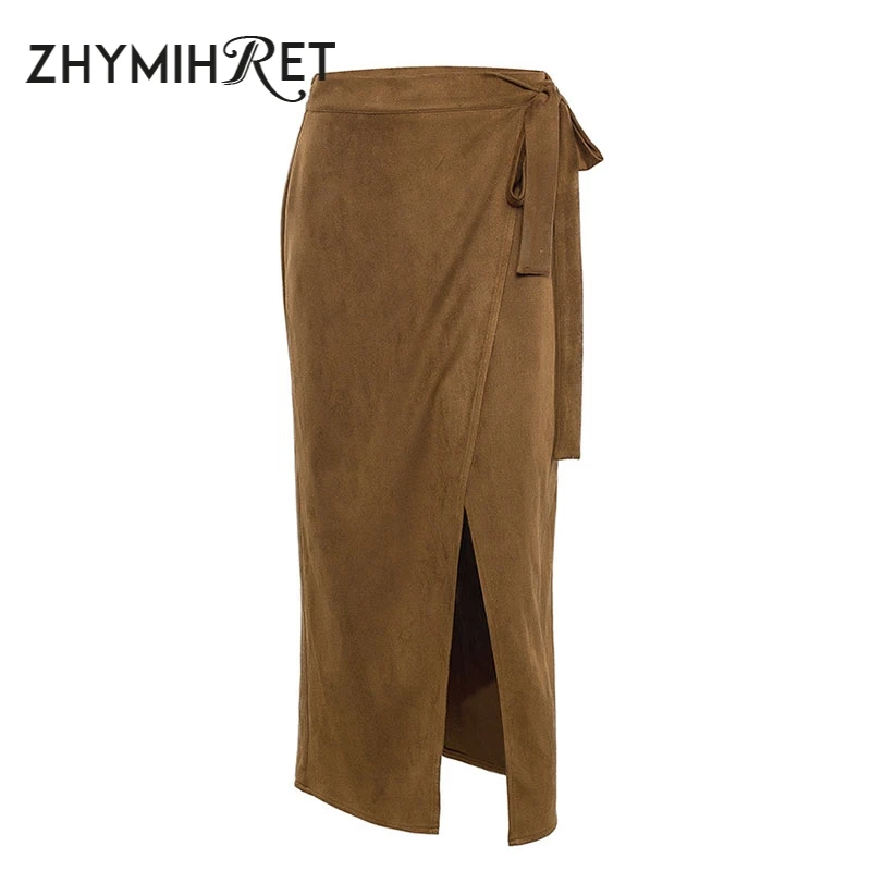 Женская замшевая юбка миди с разрезом zhymifret элегантная высокой талией и
