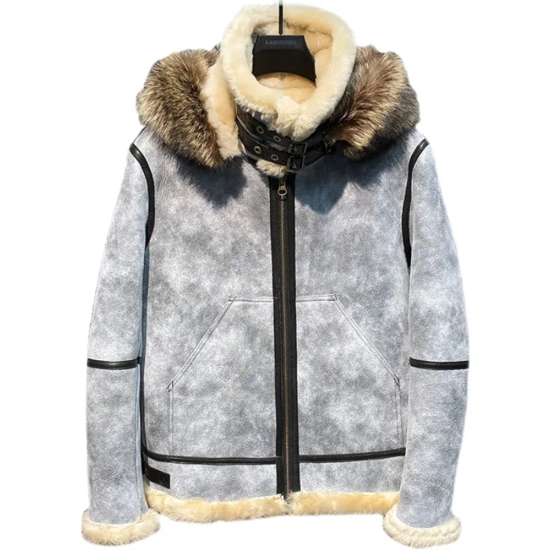 Мужская байкерская куртка из овечьей кожи в стиле ретро с воротником меха енота и