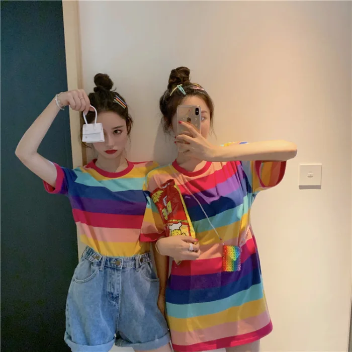 Индивидуальная летняя свободная футболка Harajuku в полоску с коротким рукавом