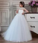 Белое ТРАПЕЦИЕВИДНОЕ ПЛАТЬЕ с цветочным принтом для девочек, пышное Тюлевое платье с высоким вырезом и длинным рукавом для принцессы на день рождения, пышное платье для первого причастия