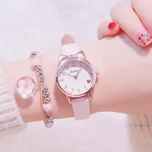Милые женские часы с кошкой, розовый женский набор часов с кожаными ремешками, простые женские часы с цветком, браслет, Reloj Mujer Montre Femme