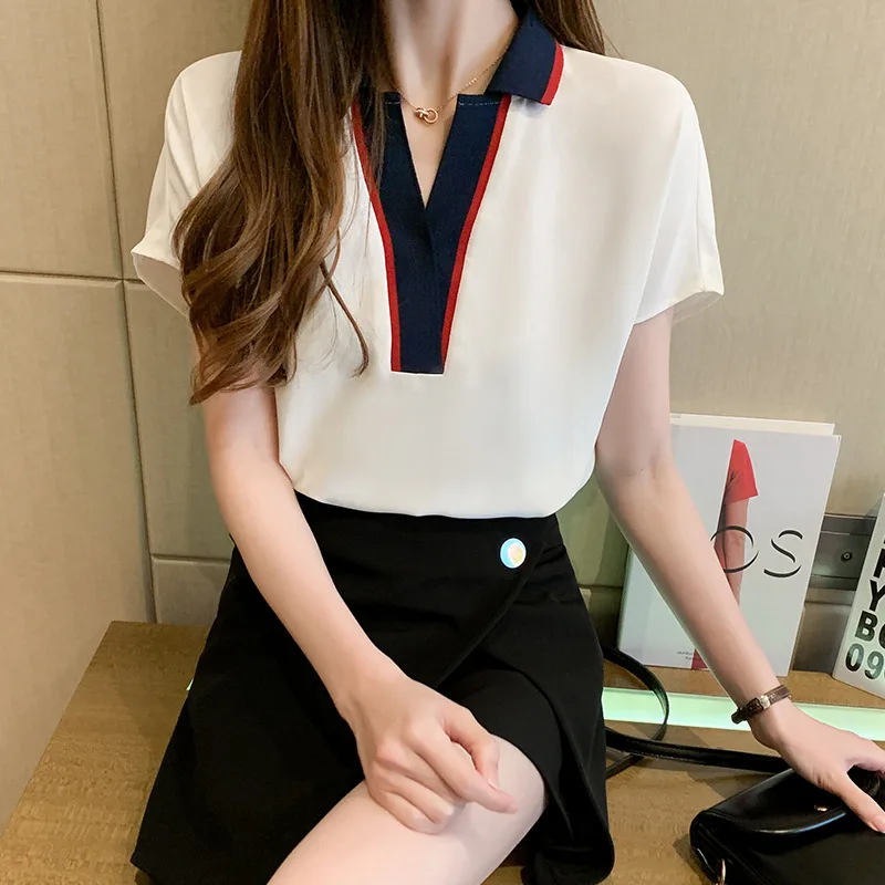 

Real shot 2021 new summer white top Pullover solid loose shirt temperament short sleeve V-neck chiffon blouse women