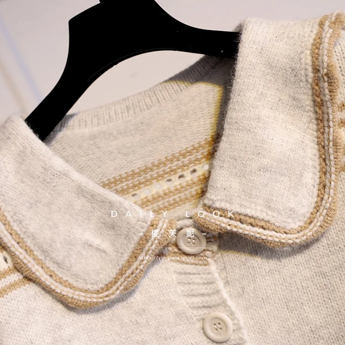 

2021 Early Autumn Ladies Navy Peter Pan Collar Sweater Coat Women's New Loose Sweet Fresh Knitted Top Fashion Simple Knitwear