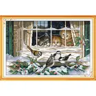 Набор для вышивки крестиком с изображением зимних окон, 14CT, 11CT, рисунок кошки и птицы, набор для рукоделия, украшение для дома