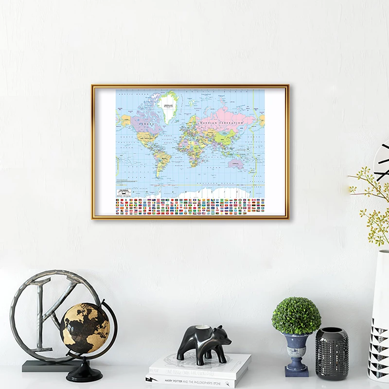 

World Map Posters 59*42cm World Political Map with National Flags Canvas Painting Wall Art Prints Education Supplies Home Decor