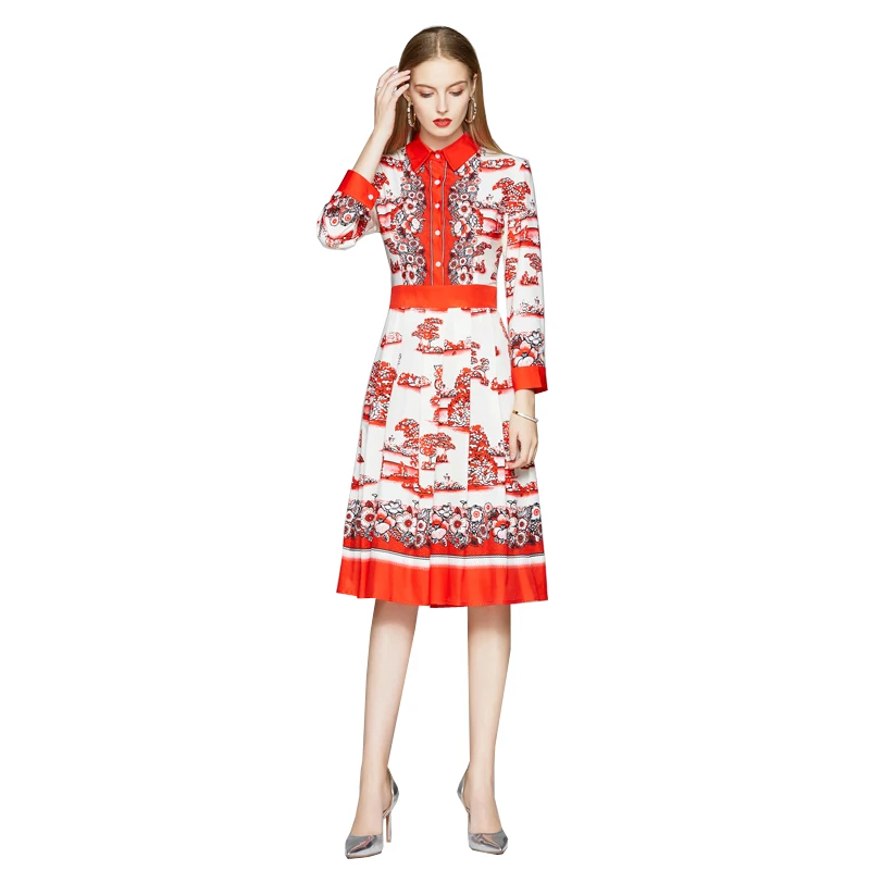 

2021 New Spring Fashion Runway Girl Shirt Dress Women's Long Sleeve Casual Floral Print Pleated Midi Elegant Party Pleated Dress