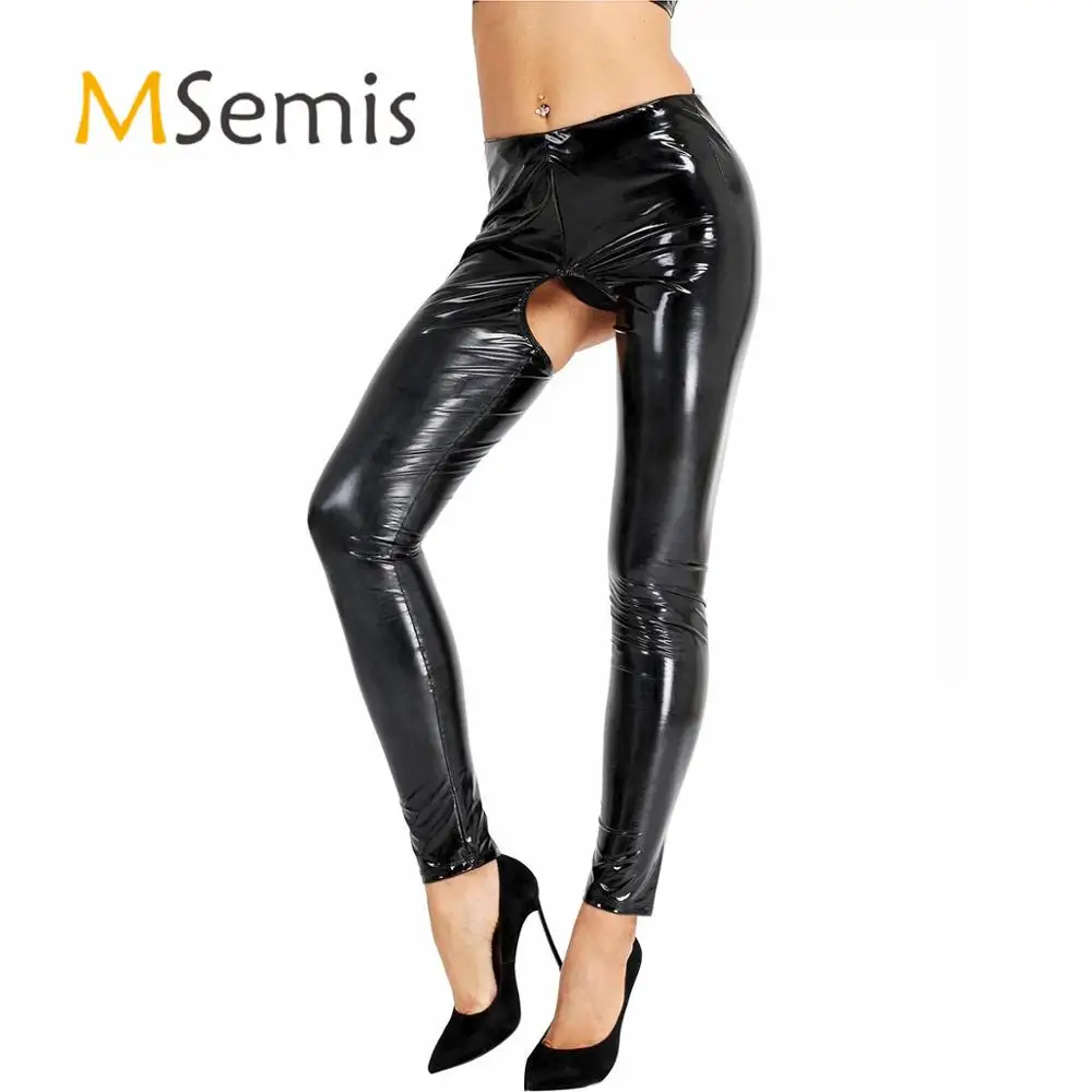 

Black Womens Lingerie Open Crotch Pants Wet Look Patent Leather Open Butt Pants Skinny Stretchy Legging Trousers