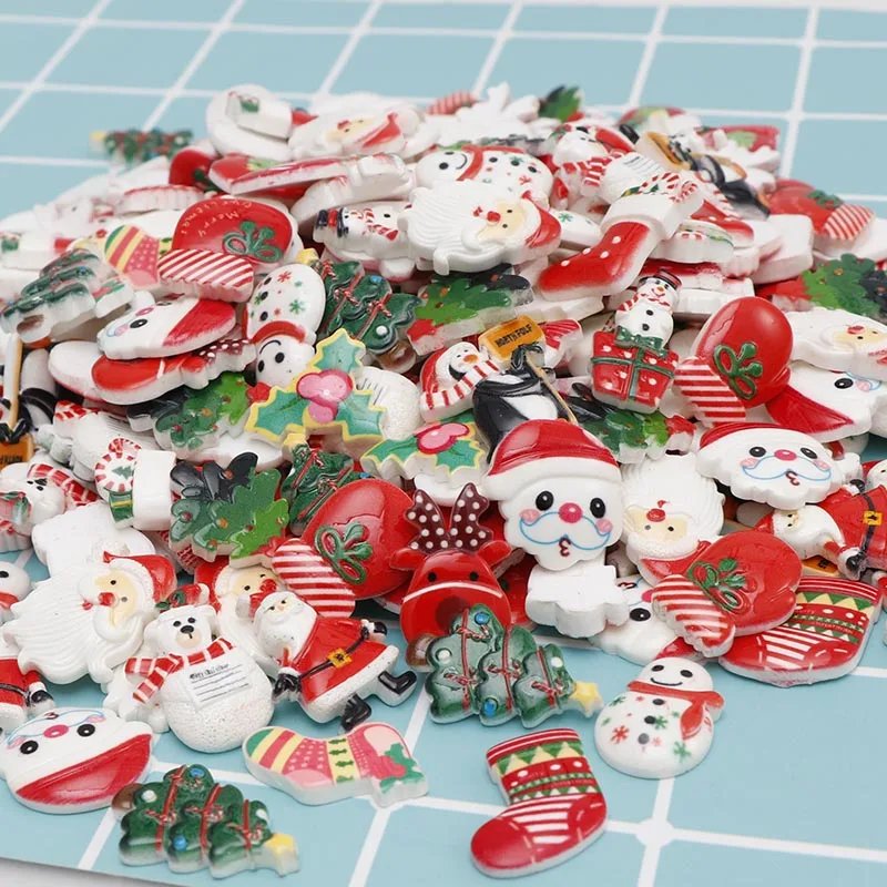 120pc Cartoon Mix Style Christmas Resin Flatback Cabochon Xmas Trees Snowman Shoes Gift Cartoon Scrapbooking Decoration Craft
