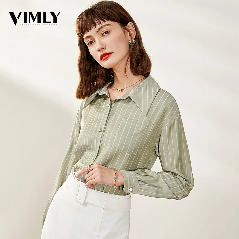 Vimly весна осень Offce женские полосатые рубашки элегантные Зеленые рабочие с