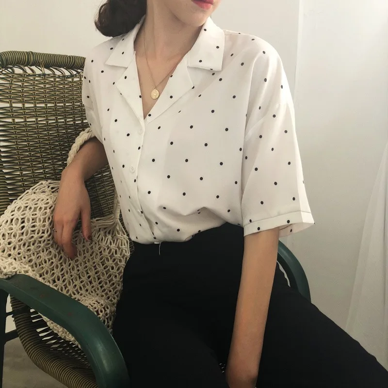 

Women's Chiffon Dot Print V-Neck Casual Short Sleeve Blouse