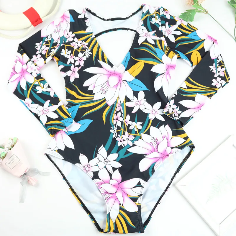 Женский слитный купальник с цветочным принтом длинным рукавом | Спорт и