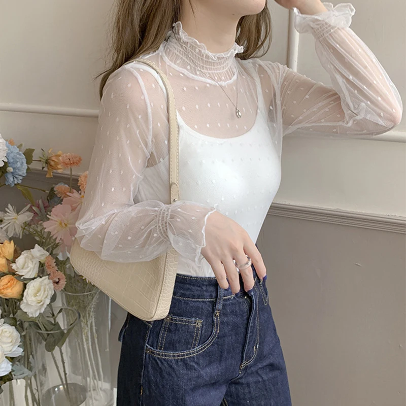 Женская кружевная сетчатая блузка с высоким воротником Прозрачная майка