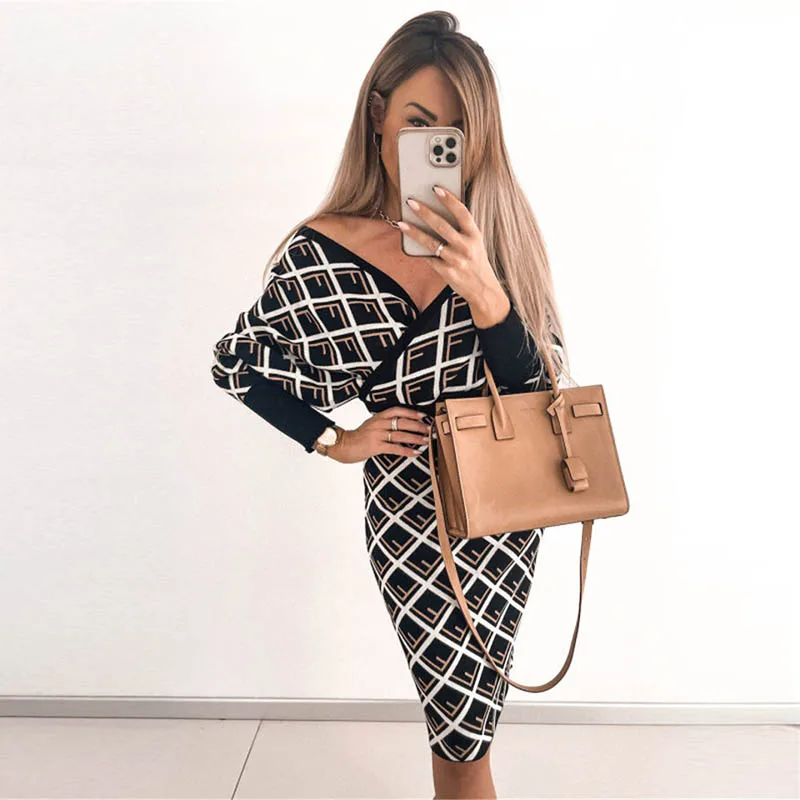 

Women Sexy Party Dresses Autumn Fashion Casual Deep V Neck Long-sleeved Dress Vintage Printed Elegant Ladies Slim Dress Vestido
