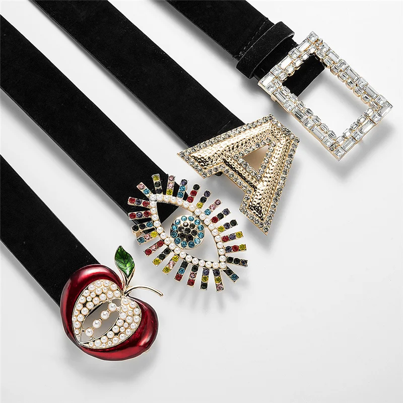 

Luxury Crystal Diamond Gold Buckle Belts for Women HOT Wide solid PU Leather Belt black dress Waistbands lady gifts no pin belt