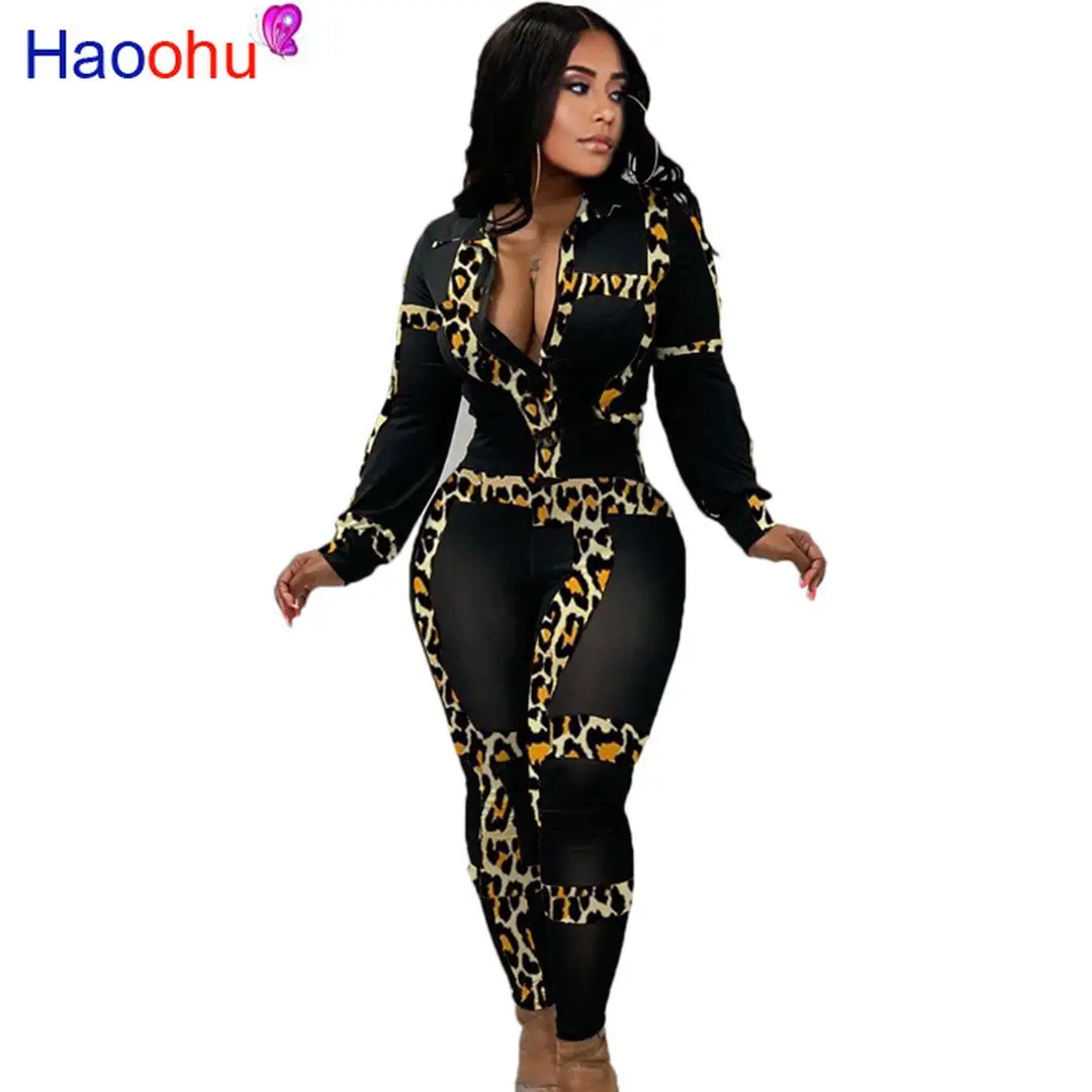 

Осенний женский комбинезон с леопардовым принтом, комбинезон с отложным воротником и длинным рукавом, облегающий сексуальный комбинезон д...