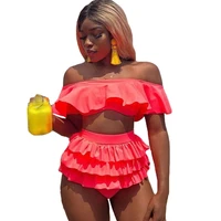 layered ruffles 2 pieces beach outfits summer women slash neck off the shoulder crop tops and mini skirt set swim suit vacation