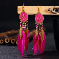 bohemian feather earrings ethnic long drop oil metal leaves tassel earrings for women boho party jewelry accessories gift