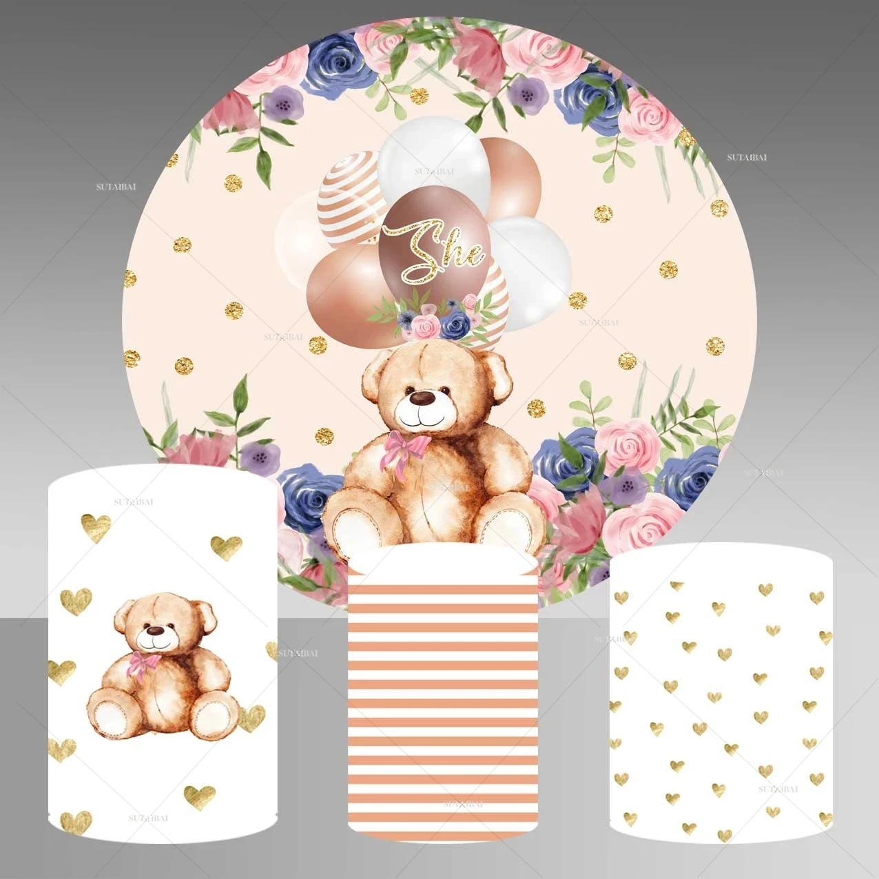 

Brown Bear Balloon Flowers Girl Baby Shower Round Circle Background Floral Love Gold Dots Party Photo Backdrop Photography Props
