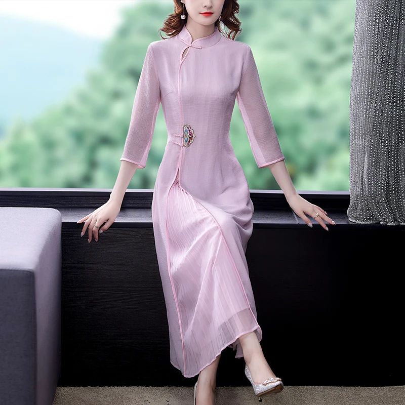 

Женское длинное шифоновое платье-Ципао, однотонное розовое платье в китайском стиле с коротким рукавом и воротником-стойкой, в стиле пэчвор...