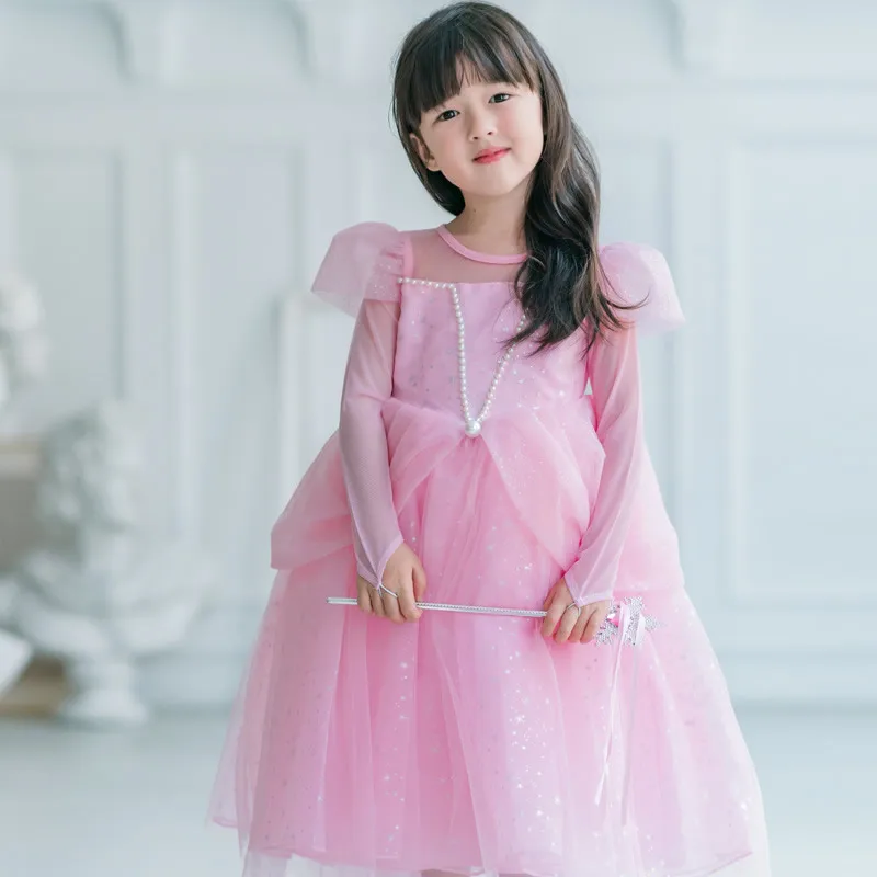 

Girl Elsa Dress Long Sleeve Princess Costumes Fall Wedding Flower Girl Clothes 3T-8T Blue Pink Ball Gown Fancy Halloween Outfits