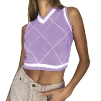 Women V-Neck Knitted Vest Contrast Color Argyle Plaid Slim Sweater Crop Tank Top
