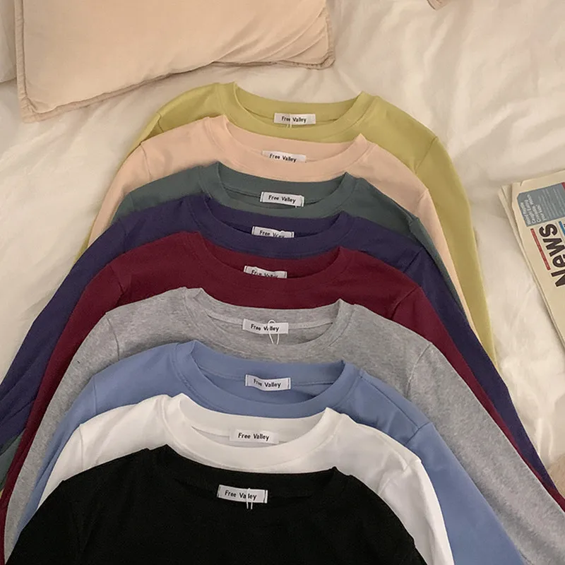 

Женский короткий топ, Однотонная футболка с длинным рукавом, в Корейском стиле на осень, F4054, 9 видов цветов