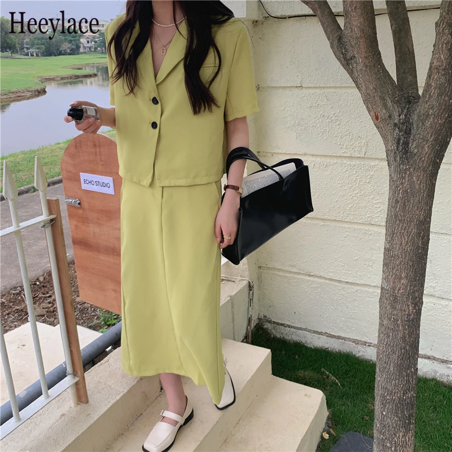 

Women Suits 2021 Plus Size Stylish Slim OL Brief Femme Chic Blazers+ Summer Hot Sexy Long Split Skirts All Match Two Piece Sets