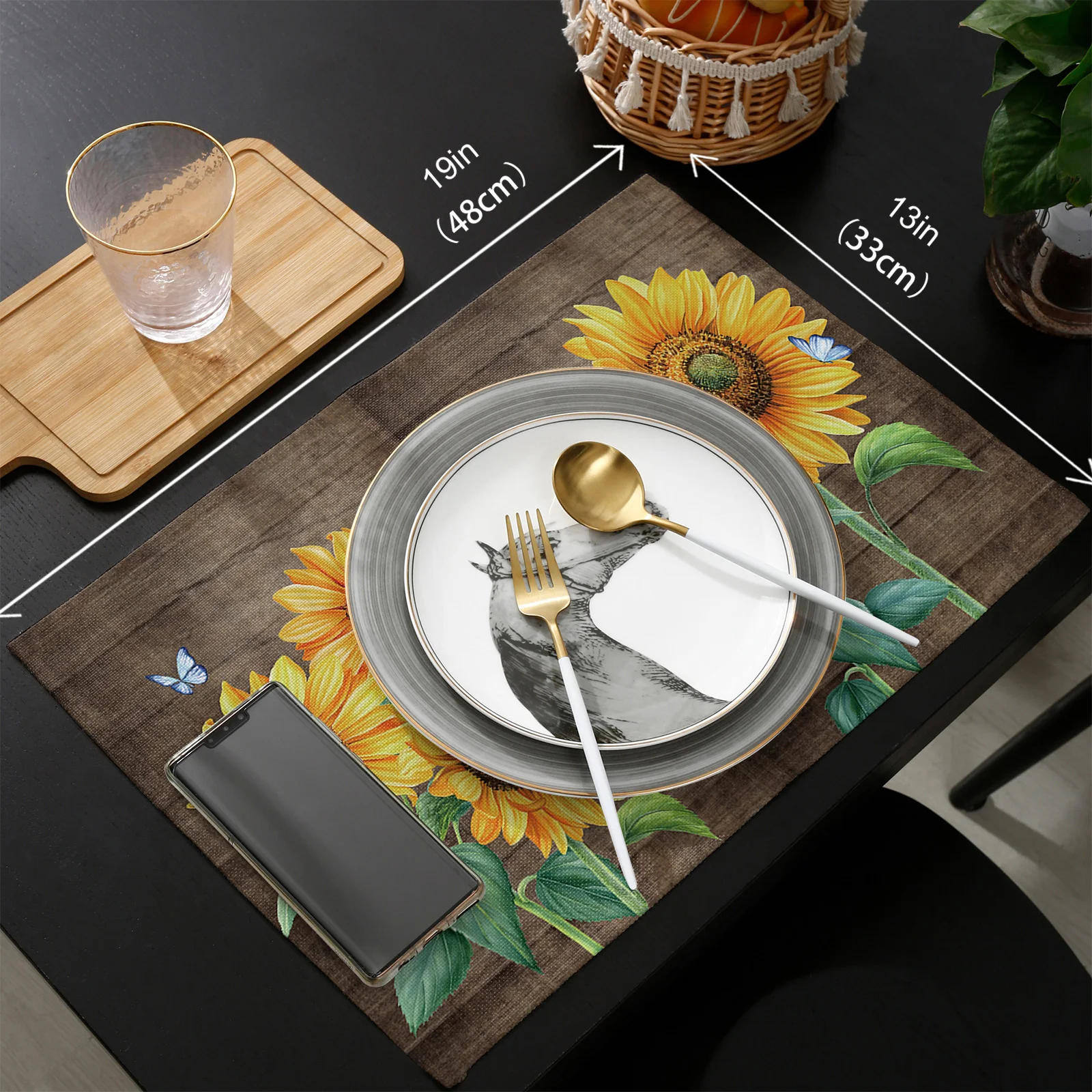 

Sunflower Flower Butterfly Wood Grain Table Runner Set Wedding Table Decoration Home Kitchen Dining Table Decor Placemats