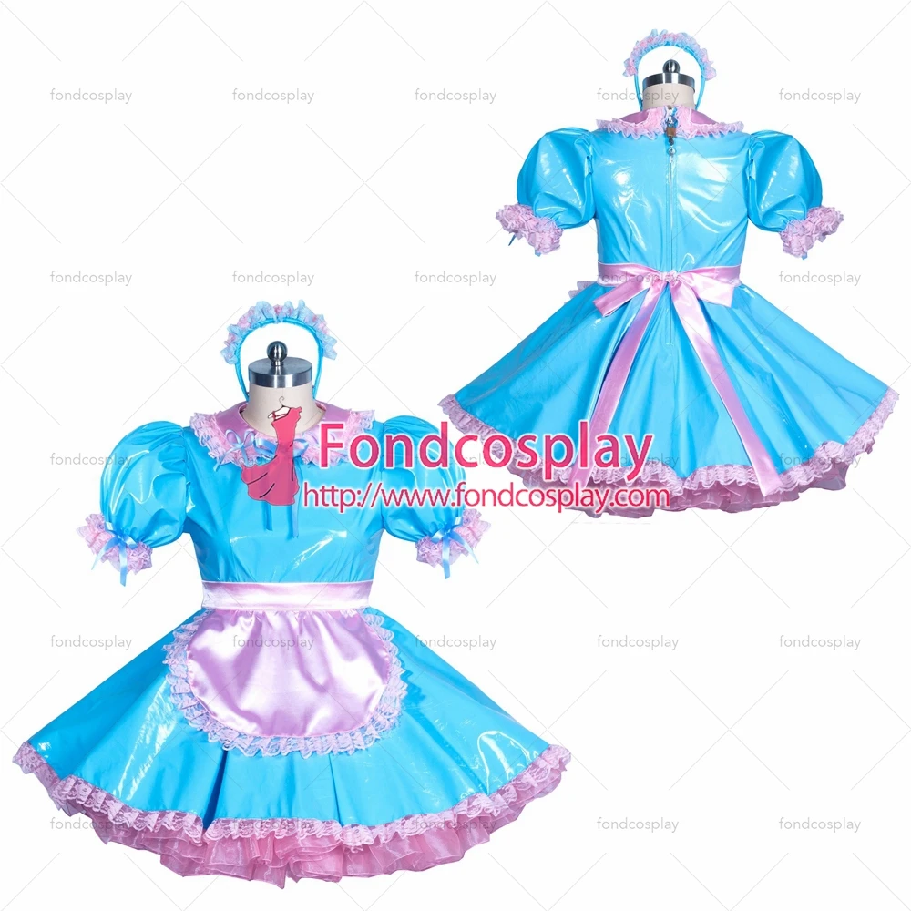 

Одежда для взрослых fondcosplay, сексуальная, с перекрестными узорами, короткая, французская, Запираемая, тонкая, ПВХ, светло-голубое платье, розо...