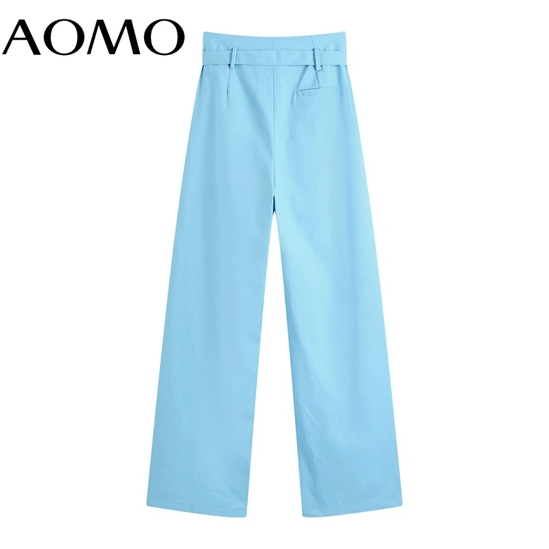 

AOMO Fashion Women Blue with Slash Suit Pants Trousers Pockets Buttons Office Lady Pants Pantalon BE135A