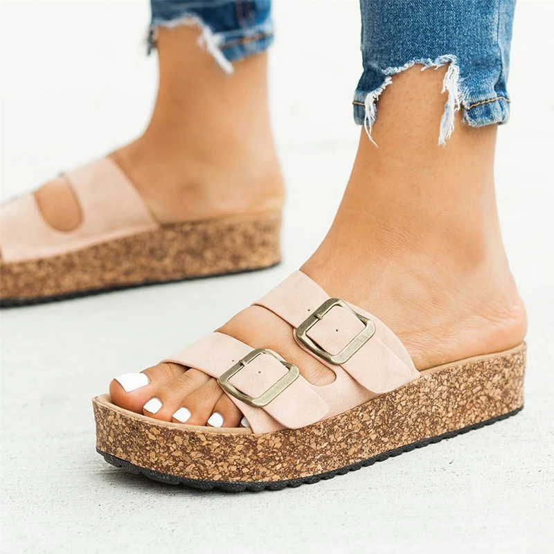 

2021 New Women Summer Cork Sandals Suede Flat Slippers Gladiator Buckle Strap Sandals Fashion Casual Outdoor Beach Shoes