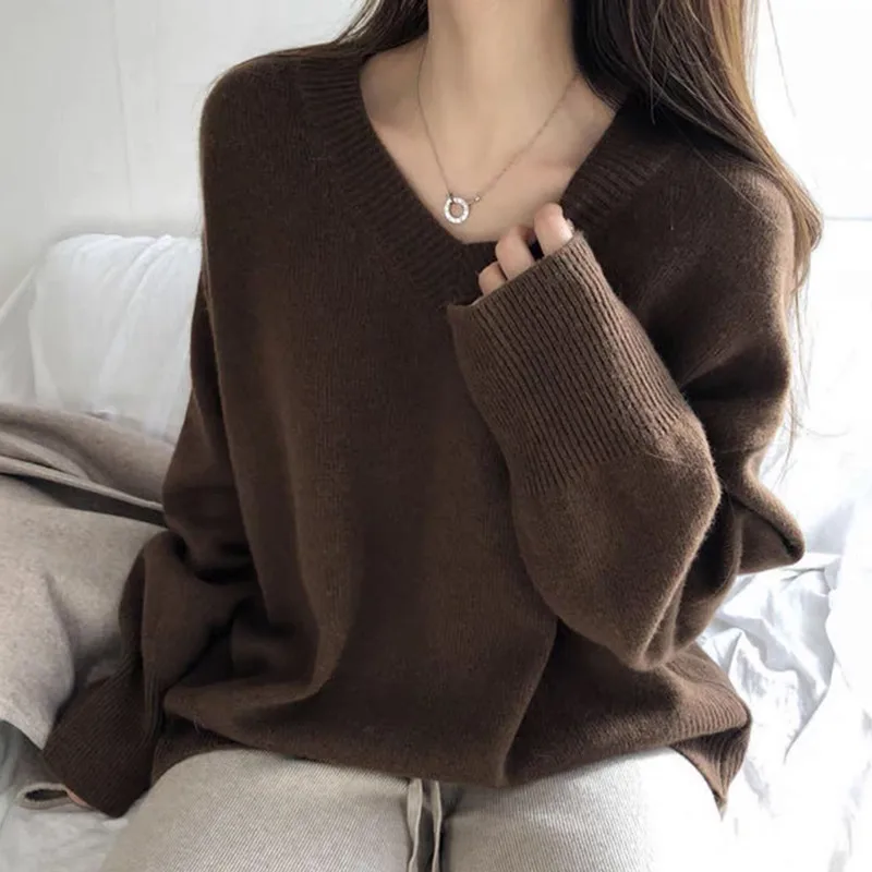 

2021 New V Neck White Casual Sweater Women Preppy Style Korean Long Sleeve Jumpers Ladies High Street Autumn Winter Pullovers