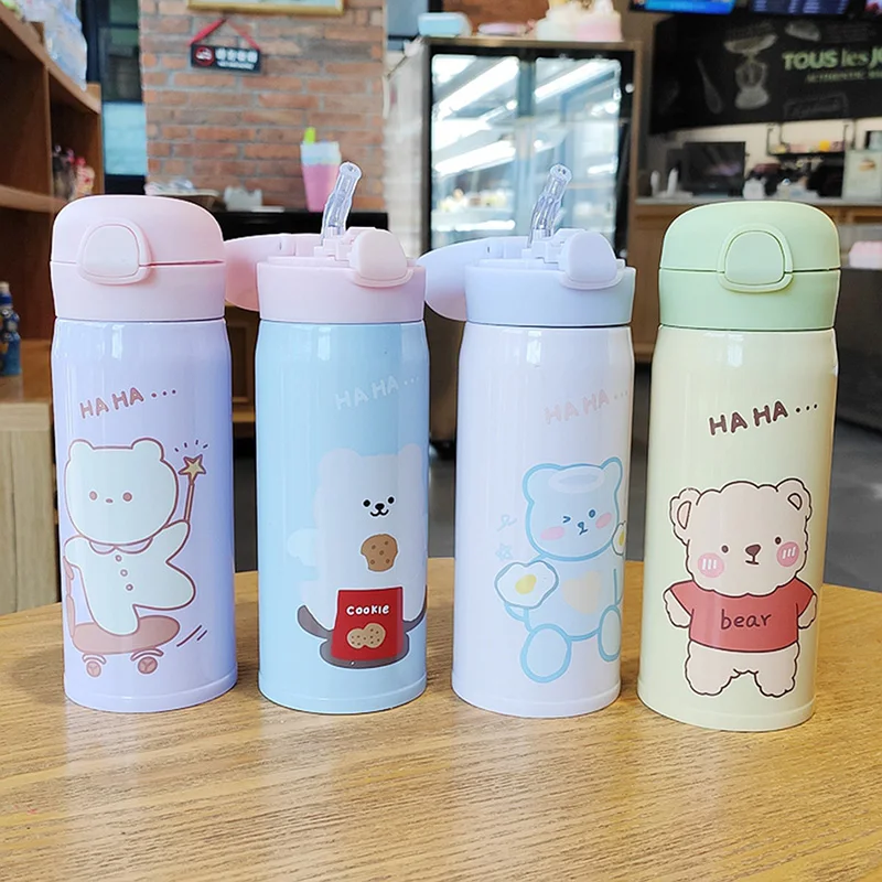 350ml Cute Cartoon Bear Vacuum Flask Stainless Steel Kids Water Bottle With Straw Creative Personality Portable Girl Thermos Cup