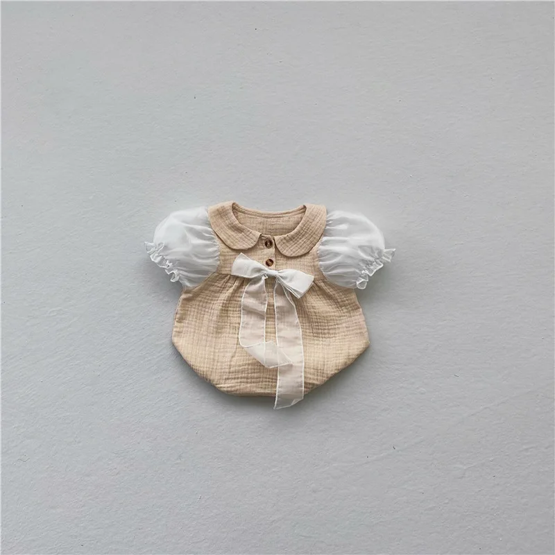 

Summer new style Korean baby rompers girl net yarn bubble short-sleeved bow romper girls ruffles infant clothing 1st birthday