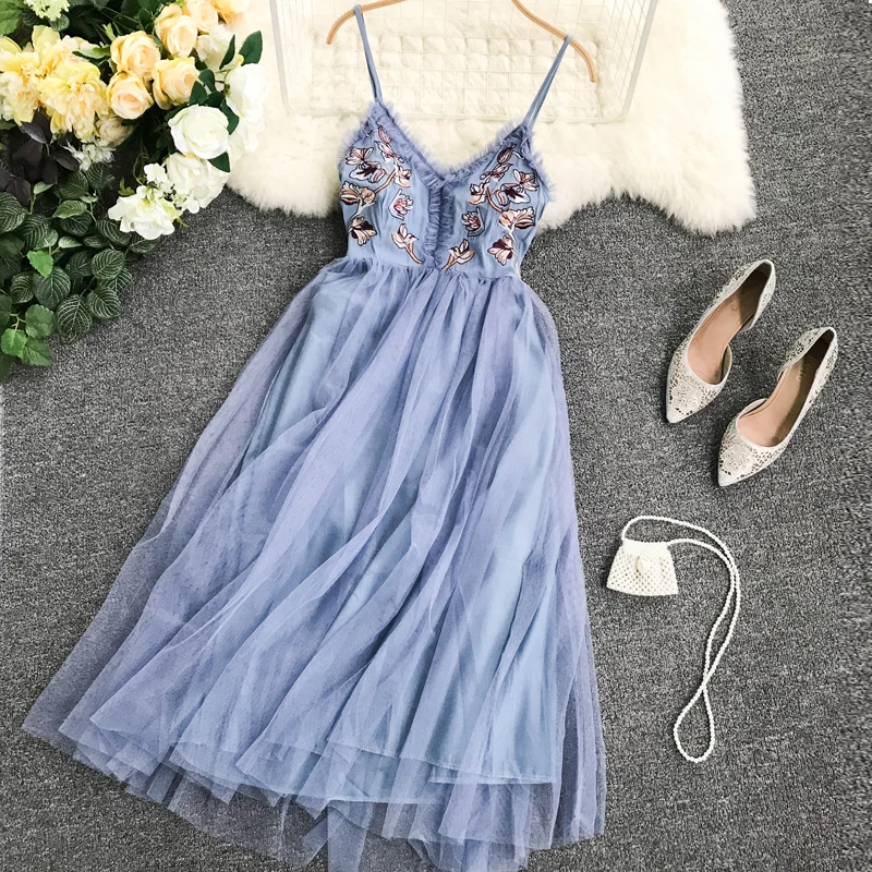 2020 новые женские модные платья элегантное Сетчатое платье с вышивкой без рукавов