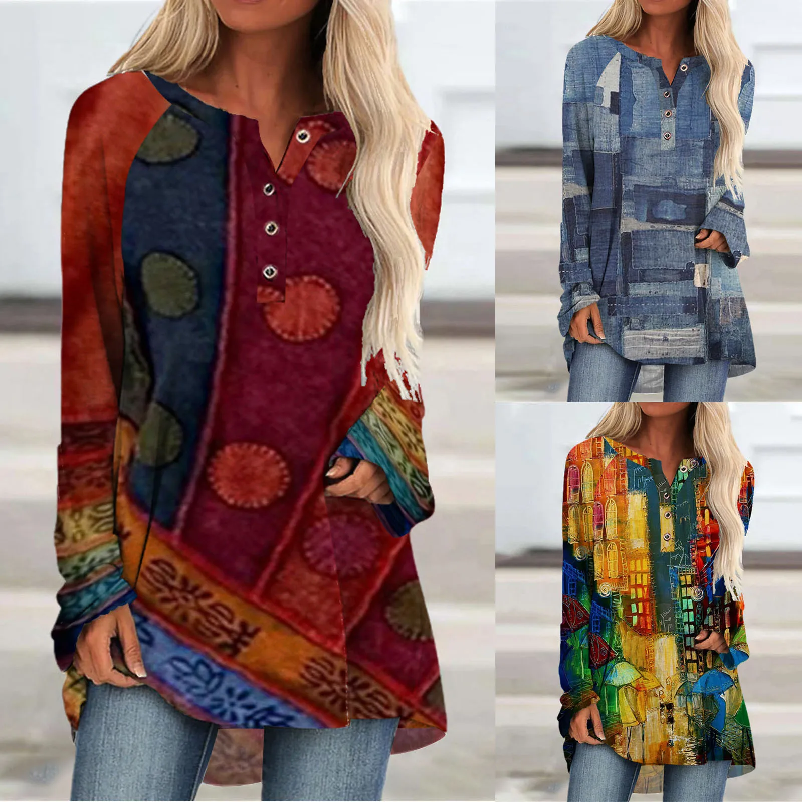 

Женская винтажная блузка на пуговицах с длинным рукавом и принтом