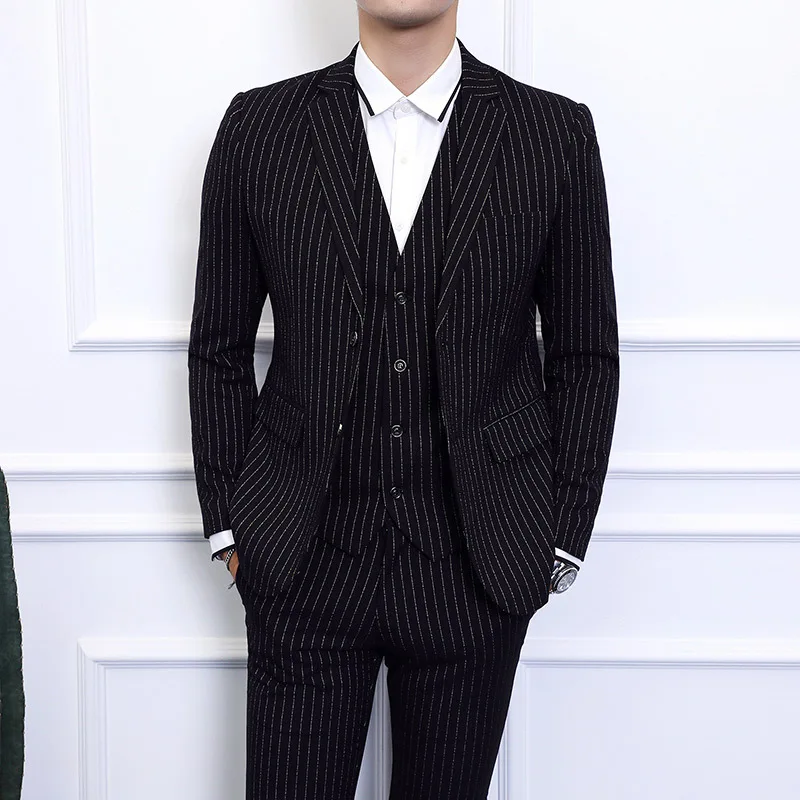 

New men's striped suit business men's urban white collar elite suit three piece best man suit