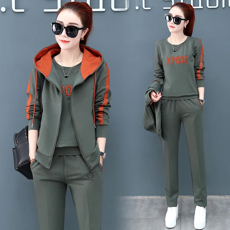 New Spring autumn Fashion Hooded Sporting suit female 3 piece set  Leisure track suits women Trouser sets Korea Women sets 3XL