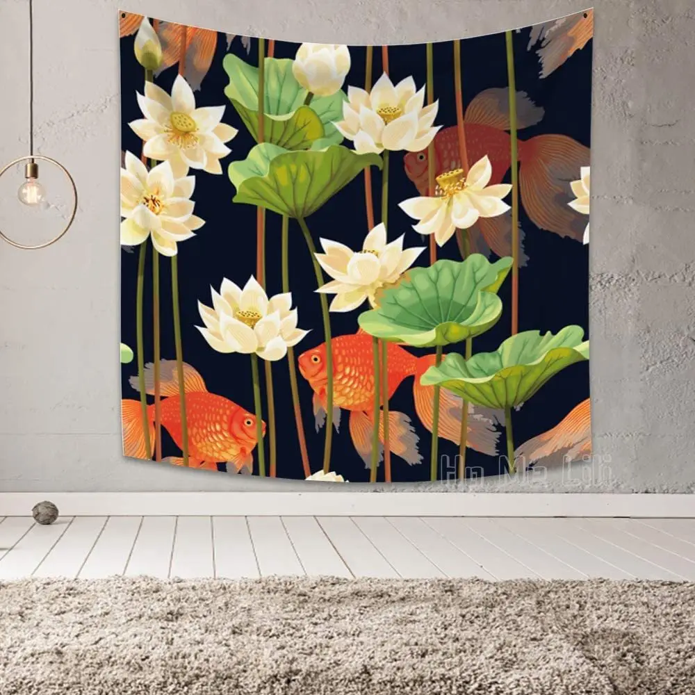 

Фотообои с изображением ботанических растений, цветущих зеленых листьев, золотой рыбки, природный Цветочный пруд, абстрактное настенное ис...