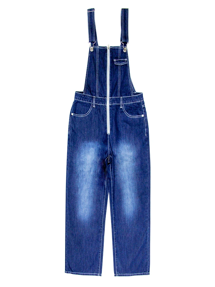 

Zipper front loose-fitting straight tube drape feeling reduces age, high waist show thin dark denim overalls are versatile