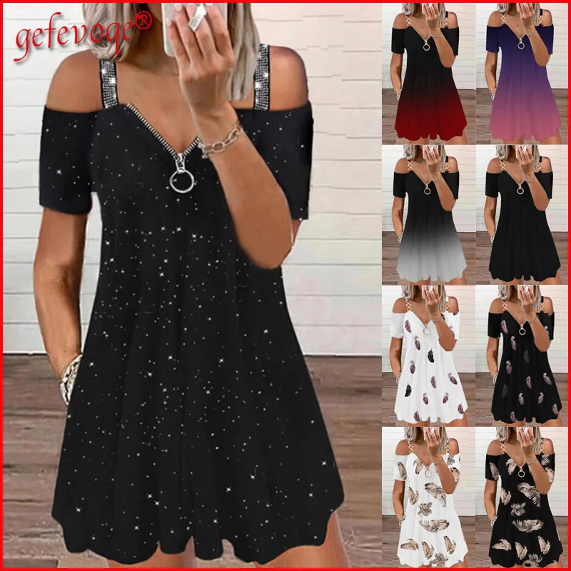 Купи Sequins Gradient Printed Sexy Off Shoulder Dresses 2021 Summer Women Elegant Short Sleeve Zipper Party Beach Mini Dress Vestidos за 895 рублей в магазине AliExpress