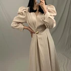 Женское длинное платье цвета хаки, облегающее платье с V-образным вырезом, пышными рукавами и золотыми пуговицами, женская элегантная одежда с высокой талией, весна 2022