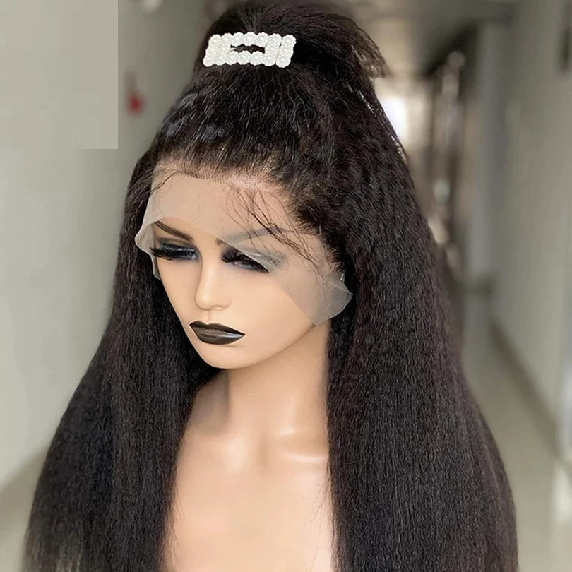 

1B Black Kinky Straight Lace Front Wig Synthetic Wigs For Black Women Heat Resistant Fiber T Part Natural Long Wig Daily Party