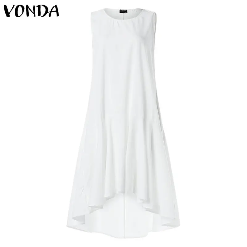 off white VONDA повседневное одноцветное платье для женщин Лето женское платье с оборками и асимметричным подолом рыбий хвост элегантный сарафан длинная секция размера плюс - Цвет: off white